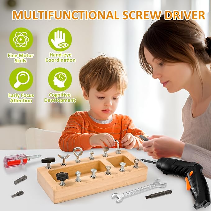Montessori Screwdriver Board Set with Electric Drill, Wooden Montessori Busy Board Toys Screw Driver Activities Tools for 3 4 5 Year Old Kids, Sensory Learning STEM Fine Motor Skills Toys for Boys