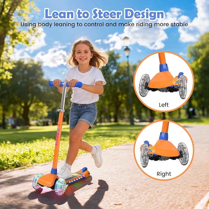 TONBUX Kids Scooter for Ages 3-8: 3-Wheel Kick Scooter with LED Light-Up Wheels & Deck, 7 Lighting Modes, 4 Adjustable Heights, Metal-Reinforced Deck, Lean-to-Steer Balance Training Toddler Scooter