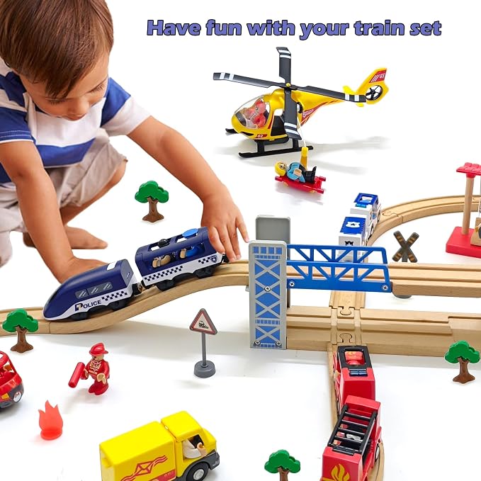 Battery Operated Police Train for Wooden Train Tracks with Figures Kids Magnetic Wooden Trains Set for Toddlers Boys 3-5 4-8 (Without Battery and Tracks) (Blue)