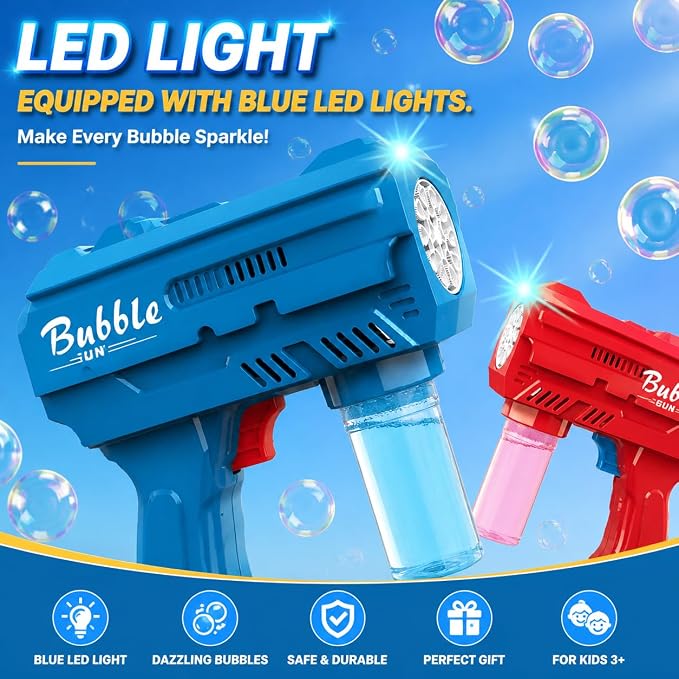 Kids Automatic Bubble Gun LED Light & Refill Solution – Leakproof Bubble Blaster, Outdoor Toys Toddlers 3-8, Birthday Gift, Easter Stuffer, Wedding & Party Supplies (Blue)