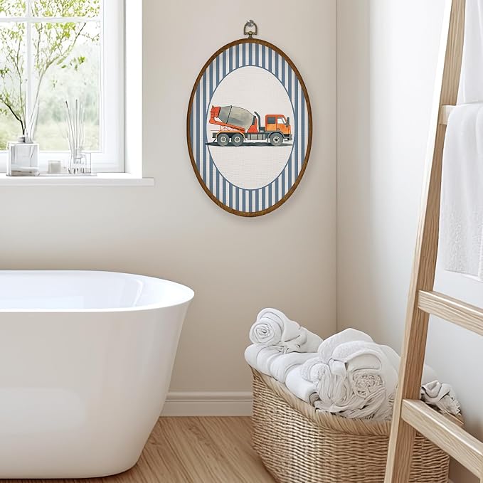 WULQYING Boy Nursery Mixer Truck Wall Art Decor, Boys Room Oval Framed Canvas Art Prints, Blue Striped Construction Vehicle Wall Hanging Decor for Kids Boys Room Bedroom Playroom, 8.6x11.4 Inches