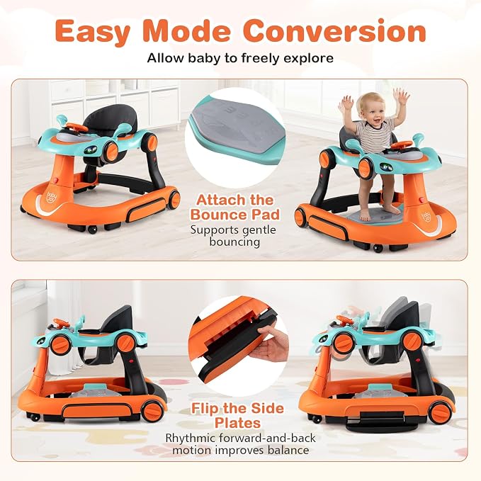 BABY JOY 7-in-1 Baby Walker, Foldable Baby Walker and Bouncer Combo with Handle, Adjustable Height & Speed, Music, Lights, Rocker/Push Mode, Baby Walker with Wheels for Boys Girls 7-18 Months (Orange)