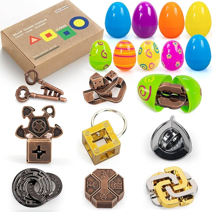 9-Piece Metal Brain Teaser Puzzle Set - The Ultimate Mind Challenge for Adults & Teens with Surprise Eggs, Unlock Your Potential with The Perfect Christmas & Easter Gift (Ages 12+)