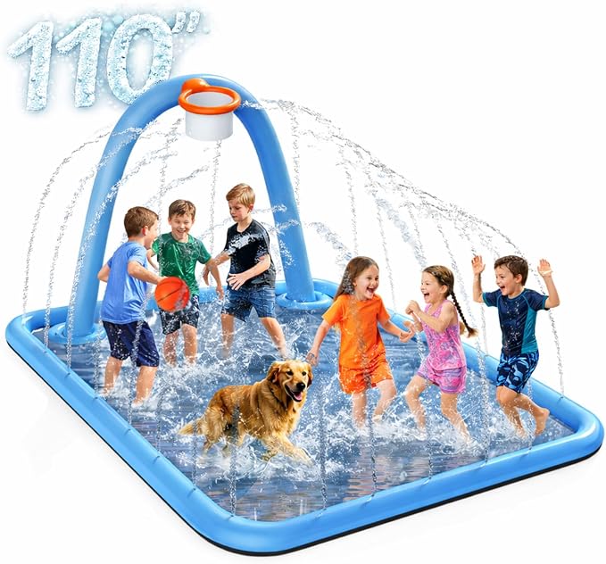 Splash Pad for Kids & Dogs, 110'' Large Sprinkler Pad Water Toys with Basketball Hoop, Thickened Non-Slip Splash Mat, Foldable Play Pool & Outdoor Summer Toys Ages 4-12 (110" Splash Pad)