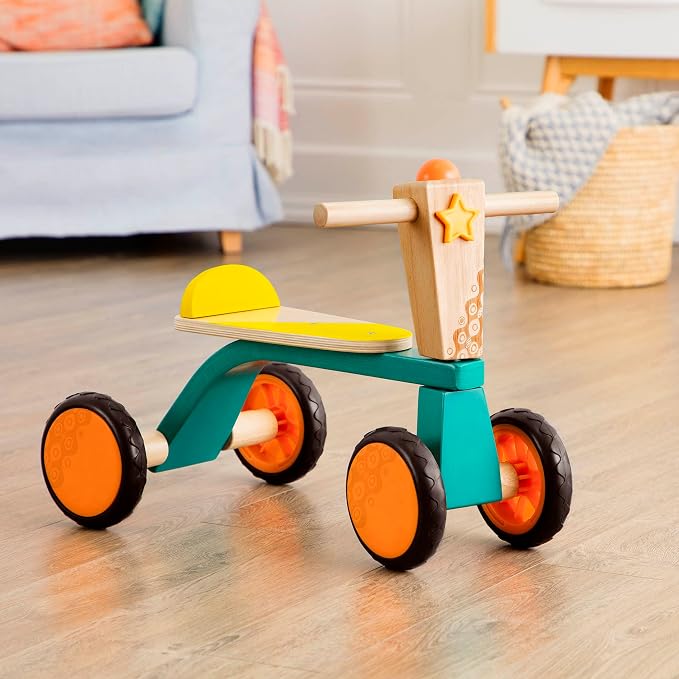 B. toys – Smooth Rider – Ride On – Wooden Toddler Bike – Balance Toys for Toddlers – Push & Ride Bike – Four Wheels – 18+ Months, Large, Multicolor