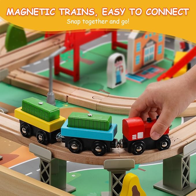 SainSmart Jr. Wooden Train Table – Kids Play Table with Built‑in Storage & Wooden Train Set | Toddler Activity Table Set for Ages 3+, Compatible with Major Wooden Train Brands