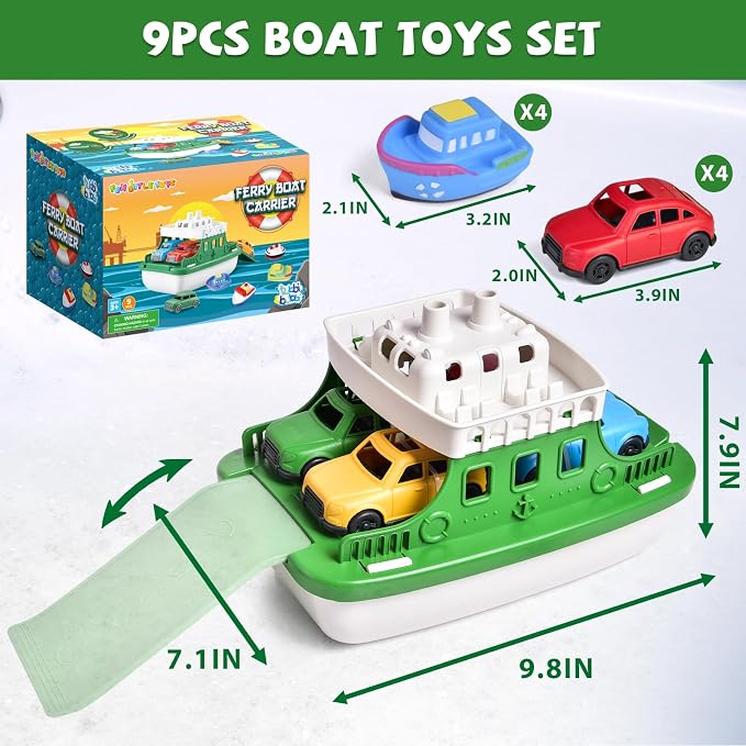 Ferry Boat Bath Toy with Mini Cars, Floating Water Play Set with Boat Squirters for Toddlers 1–3 & Kids Ages 4–8