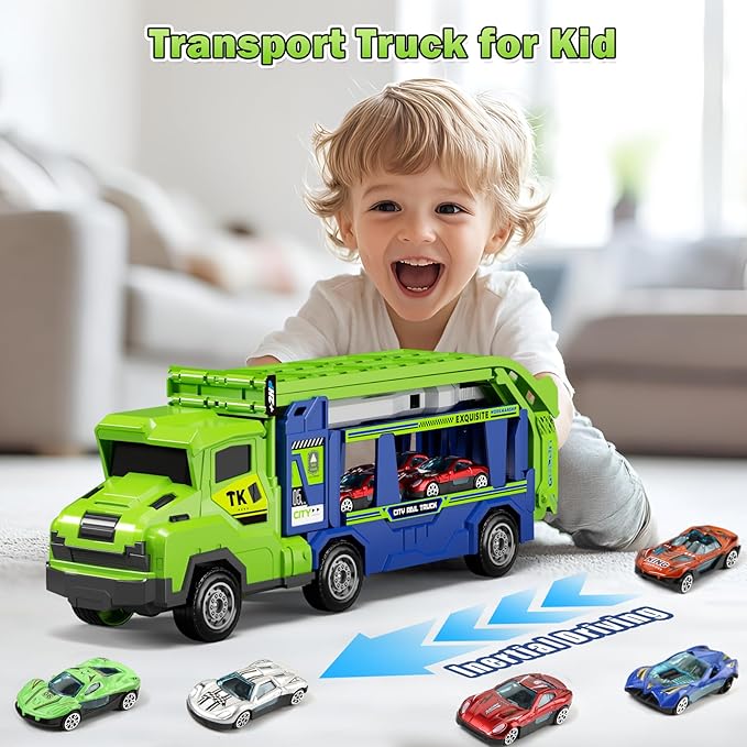 BainGesk Truck Car Toys for 3, 4, 5, 6 Years Old Boys Girls, 3 in 1 Carrier Truck with 2 Foldable Race Tracks, Transport Car with 6 Metal Cars, Birthday Toys Gifts for Toddlers