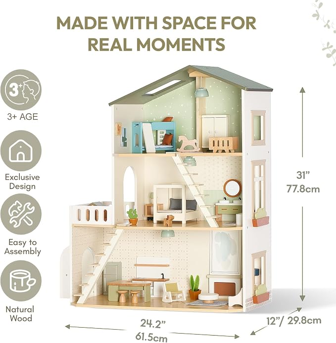 Giant bean Modern Wooden Dollhouse with Lights & 37PCS Furniture Set – Nordic Style 3-Story Playhouse for Kids Age 3+, Natural Wood Montessori Doll House with Realistic Rooms, Gift for Girls & Boys