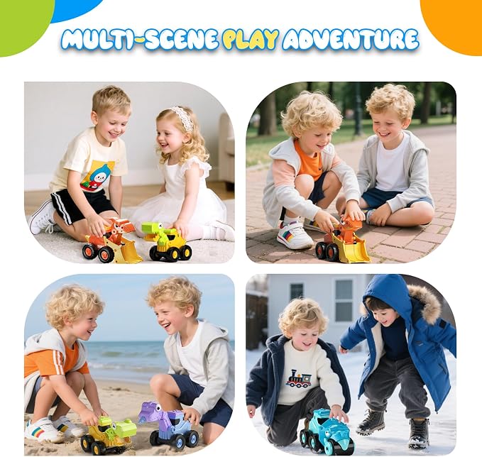 Construction Toys for 2 3 4 5 Year Old Boy Kids Toddlers, Press and Go Dino Truck Construction Vehicle Toys Sandbox Excavator Toys Boy Birthday Gifts