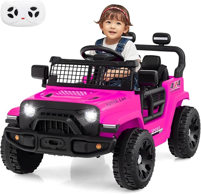 OLAKIDS 12V Ride On Truck, Battery Powered Electric Vehicle for Kids with Remote Control, Foldable Reflective Mirror, Spring Suspension, Music, LED Lights, Ride on Toy for 3+ Boys Girls (Pink)