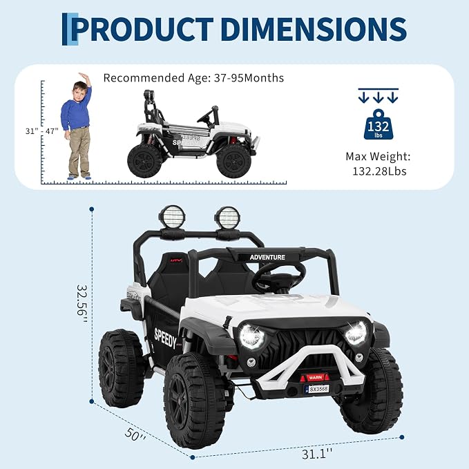 2 Seater Ride on Car for Kids, 24V Ride on Toy, Fast 4.97MPH Truck, 4WD Kids Electric Vehicles with Remote Control, Spring Suspension, Front & Behind LED Lights, Dual Storage, 3 Speeds, Music, White