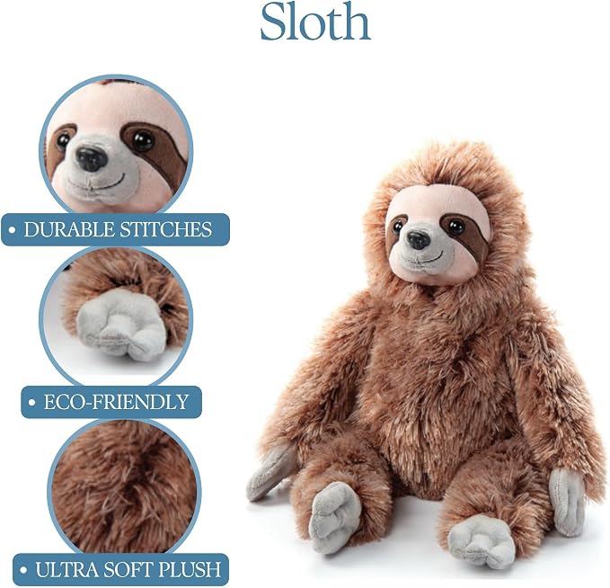 The Petting Zoo Sloth Stuffed Animal Plushie, Gifts for Kids, Wild Onez Wildlife Animals, Brown Sloth Plush Toy 9 inches