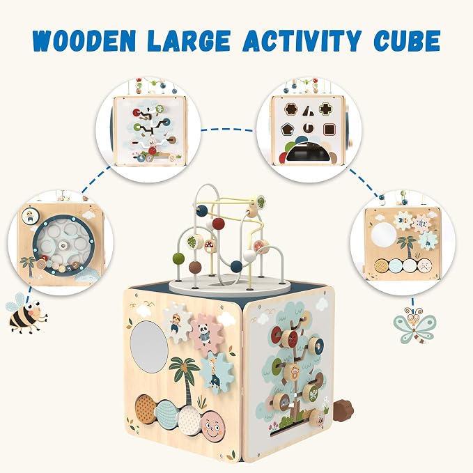 FReniland Wooden Montessori Activity Cube for Toddlers 1-3, 7-in-1 Baby Activity Center with Bead Maze, Shape Sorter, Number Gears & Discovery Mirror, Fine Motor Educational Toy for Boys & Girls