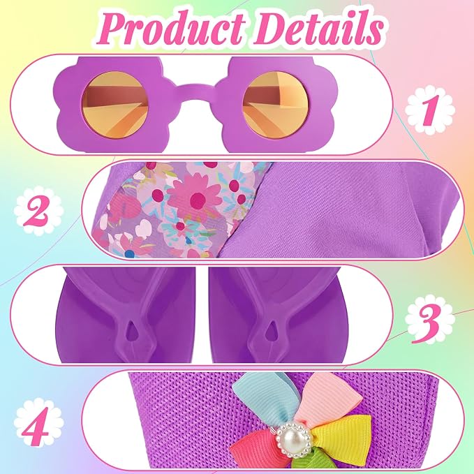 Kajaia 8 Pcs Lavender Purple 18 Inch Doll Clothes and Accessories Doll Swimsuit Dress Flip Flops Hat Outfit Swimsuit Accessories