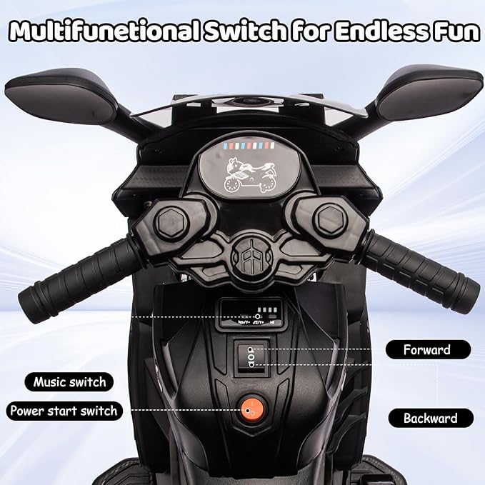 Kids Ride On Motorcycle, 6V Battery Powered Electric Motorcycle, w/Treaded Tires, Horn, Working Headlight, Music, Training Wheels, Stable Ride On Toys for Kids Toddler Boys Girls 3-6, Black
