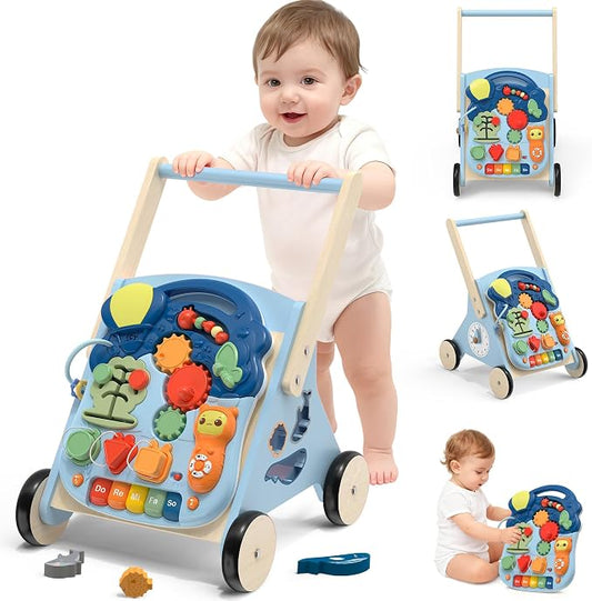 2 in 1 Wooden Baby Walker and Activity Center for Girls Boys Sit-to-Stand Learning Toy Kids Montessori Educational Push Toys with Music Detachable Busy Keyboard for Toddlers Blue