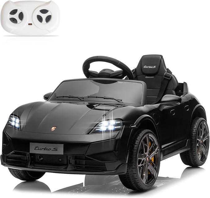 Winado 12V Kids Ride on Car, Licensed Porsche Taycan Electric Car for Toddlers, Battery Powered Ride on Vehicle W/Remote Control, with Bluetooth, 3 Speeds, LED & Rear Lights, Music & Horn (Black)