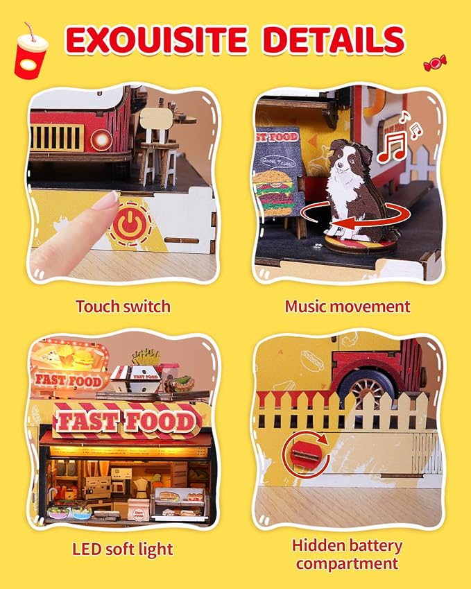 DIY Miniature House Kit Food Cart, DIY Miniature Dollhouse Kit with LED Music Light for Room Bookshelf Decor, Tiny House Crafts for Adults, Birthday for Men Women Teens