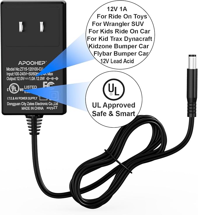 UL Certified 12V Battery Charger for Ride On Toys, 12V Ride On Replacement Charger, 12V Charger for Kids Ride On Car, Universal 12 Volt for Kidzone Bumper Car, Power Wheels, Flybar (Compact & Safe)