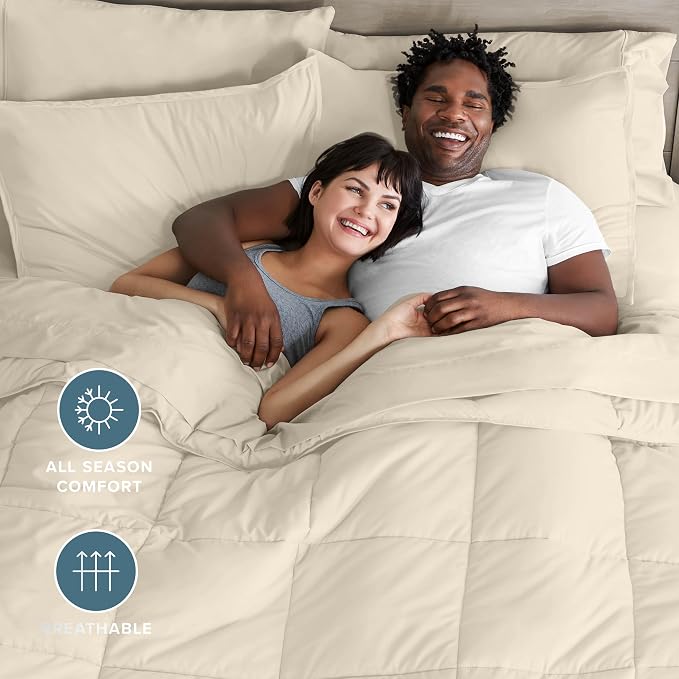 Bare Home Bed-in-A-Bag 8 Piece Comforter & Sheet Set - Split King - Goose Down Alternative - Ultra-Soft 1800 Premium Bedding Set (Split King, Sand/Sand)