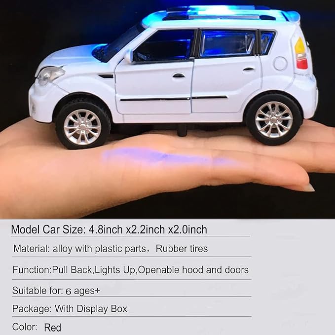 Toy Cars Diecast Car Models Soul Hatchback Model Cars,Pull Back Cars,Boxy Car Toy with Sound and Light for 3+ Year Old Boys(White)