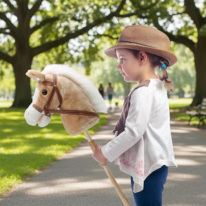 Linzy Toys 35.5" Plush Stick Horse - Funny Hobby Horse with Pony Sound, Soft Realistic Mane & Durable Leather Reins, Pretend Play Riding Toy for Boys & Girls Ages 3+ (Light Brown)