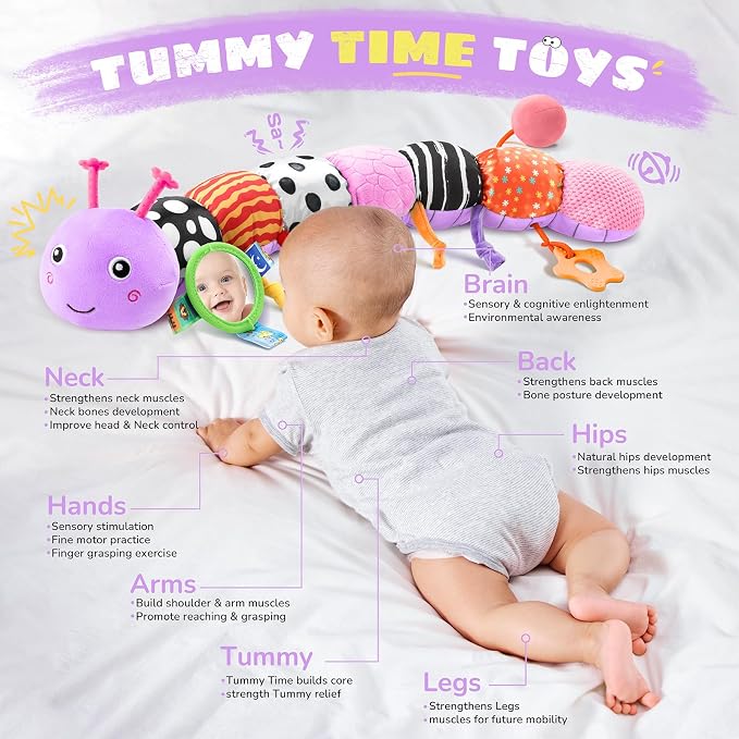 AWOTOY Baby Toys 6-12 Months Music Caterpillar,Stuffed Animals Infant Toys 0-3-6 Months,Teething Sensory Toys Tummy Time with Mirror Crinkle Rattle&Pull String for Boys Girls Gifts Birthday|Purple