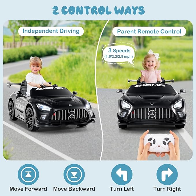 Costzon Ride on Car, 12V Licensed Mercedes-AMG GT3 Kids Car with Remote Control, 3 Speeds, LED Lights, Music, Wireless, Transport Wheels & Soft Start, Electric Vehicle for Toddlers Aged 3+ (Black)