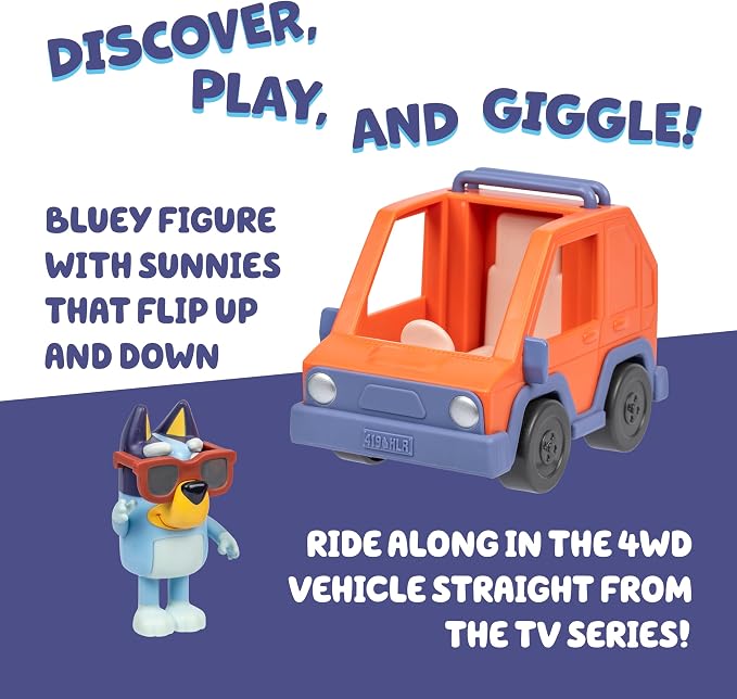 Bluey Basic 4WD Toddler Toy Car, 3” Articulated Figure with Flip-Up Sunnies, Immersive Car Toys for Kids of Age 3+