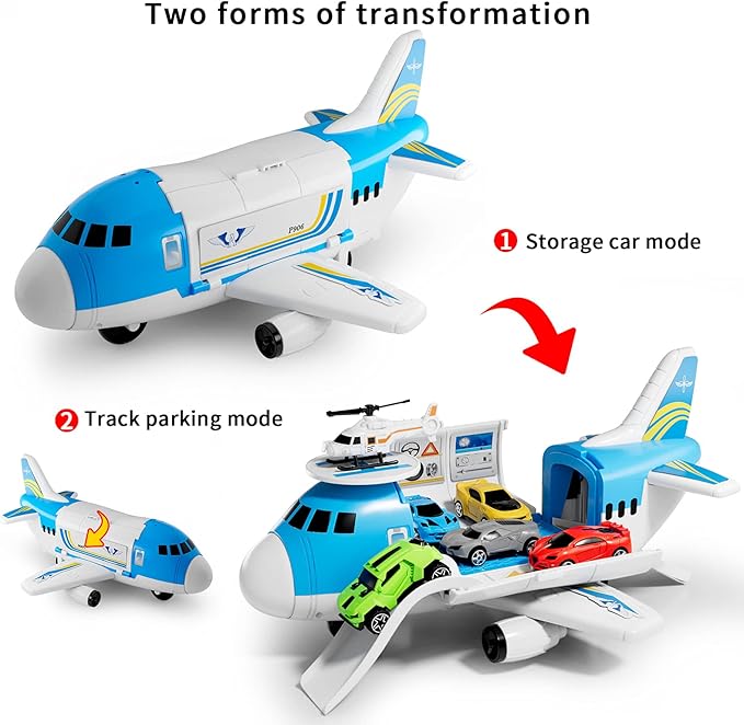 LOVE LIFE Airplane Toy Set Transport Cargo Plane Play Toy Gift for 3 4 5 6 Years Old Boys Girls Kids,Aircraft Vehicle Toys with 5 Mini Cars,Helicopter and Construction Worker