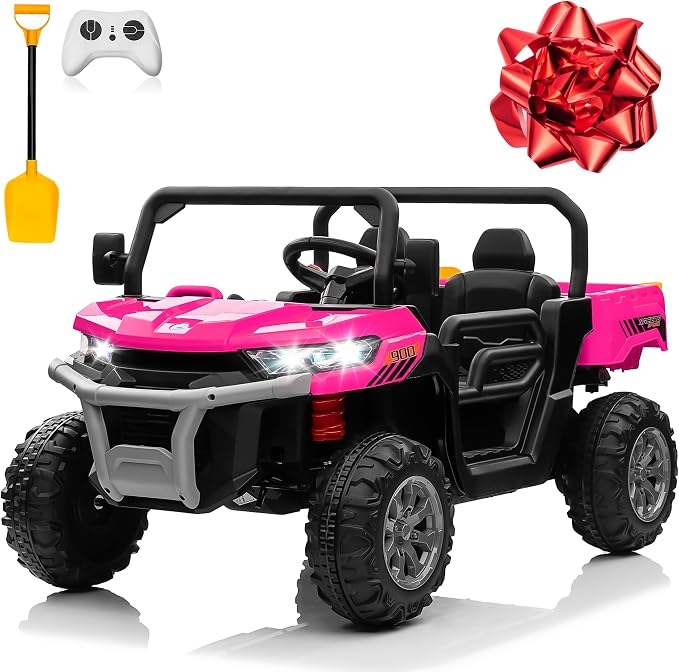 24V 4WD Ride on Truck Car w/4X200W Motor, Dump Bed, Gift Flower, 2 Seaters, Remote Control, 4 Wheeler, LED Light, Music, 24 Volt Ride on Toys for Big Kids Girls 3-8, Pink