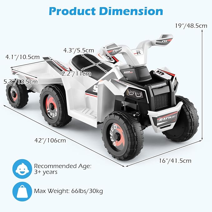 OLAKIDS 6V Kids ATV with Removable Trailer, Forward Backward Function, Widened & Wear-Resistant Wheels, Ride On Toy for Toddlers (White)