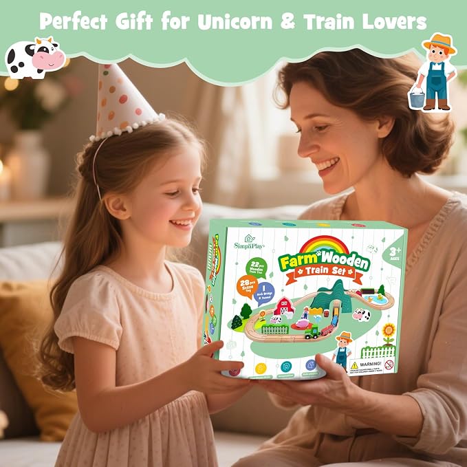 SIMPLIPLAY Wooden Train Set for Toddlers - 49PCS Farm Montessori Train Sets, Wooden Train Track for Toddlers 3-5 with Bridge & Cute Farm Animal Toys, Gifts for 3 4 5 Years Old Girls & Boys | Montessori Magnetic Train Set for Toddlers 3-5 with Bridge & ...