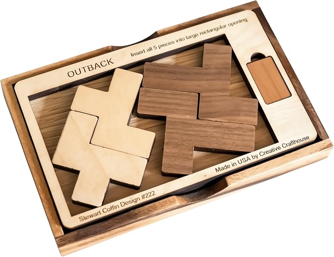Creative Crafthouse Outback Puzzle, Stewart Coffin Wood Brain Teaser, Hard | A packing design numbered 222. Five cherry and maple pieces have just one known solution, a tough desk challenge, made in USA