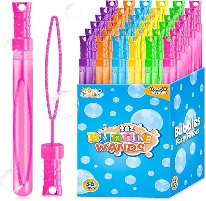 SpringFlower 36 Pcs Bubble for Kids, 2OZ Bubble Wands in 6 Colors, Bubble Bulk for Kid Party Favors, Summer Toys, Indoor & Outdoor Activities, Birthday, Wedding, Goodie Bags, Carnival Prizes