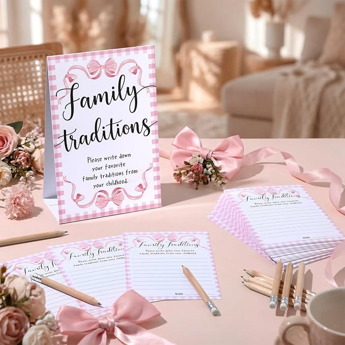 Fumete 61 Pieces Family Tradition Baby Shower Games Include 1 Family Traditions Standing Sign and 50 Activities Cards with 10 Pencils for Gender Reveal Bridal Shower Wedding(Pink,Bow)