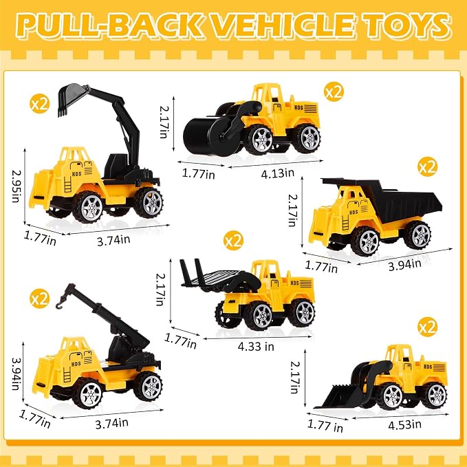 12 Pcs Construction Party Favors for Boys, Mini Construction Vehicles Children's Day Gift, Mini Pull Back Cars Excavator Toys Small Trucks Bulk for Kids Girls Birthday Cake Toppers (Excavator Set)