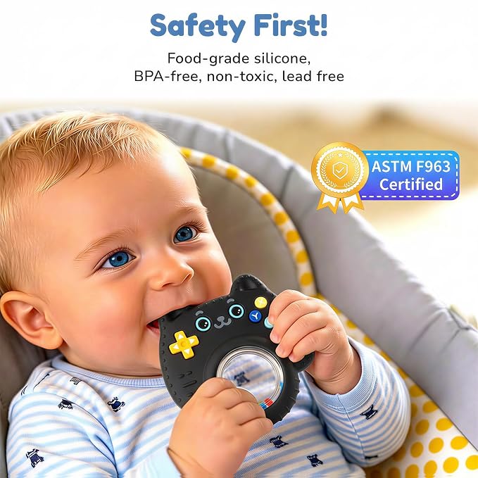 Baby Teether Toy Silicone Cat Teething Ring -Game Controller, Baby Rattle Toy Chew Sensory Toys for Babies Over 3 Months, Teething Relief for Newborn Infant Essentials 0-6 6-12 Months, BPA Free -Black