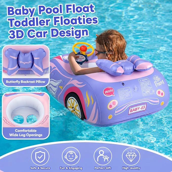 Baby Pool Float Toddler Floaties 3D Car Baby Float for 12-48 Months Inflatable Heavy Duty 0.35mm PVC Seat Boat Pool Toys Float No Flip Swimming Floaties for Boys&Girls1-5 Years