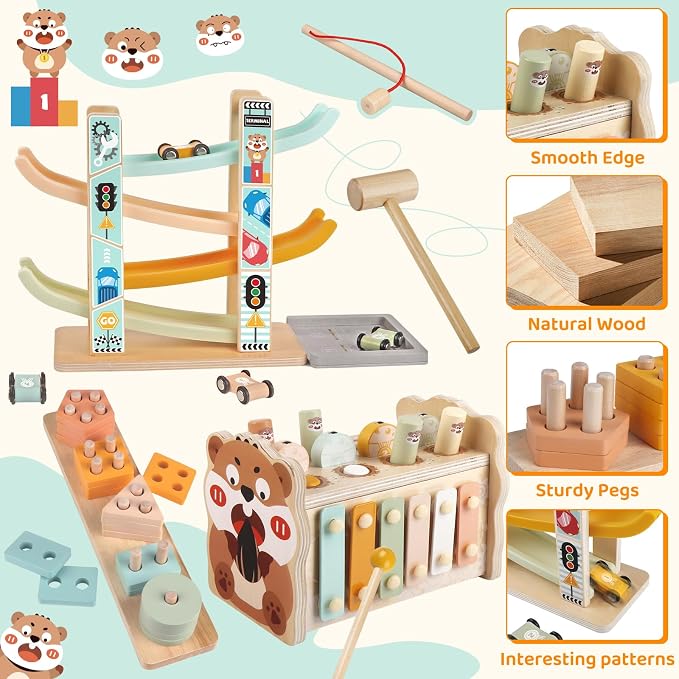 Weilim Montessori Toys for 1 Year Old, 3-in-1 Wooden Hammering & Ramp Toy | Shape Sorter, Stacking Blocks & Xylophone Build Fine Motor Skills; A Screen-Free First Birthday Gift, Boy or Girl