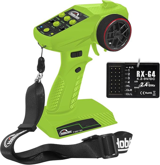 RC Radio System 4CH 2.4G RC Transmitter with Receiver and Lanyard Anti-Jamming Remote Controller for RC Car Crawler Boat, Green & Black
