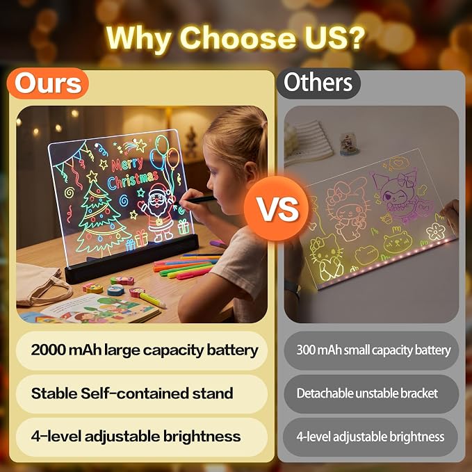 Rechargeable 16" Led Drawing Board for Kids Doodle Glow LED Note Board 7 Colors, 4 Modes, 7 Marks Light Up Pad Art Kit Kids Toy, Birthday Gift for Boys, Girls, Teens (Black)