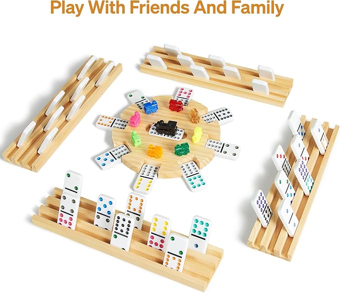 ELONGDI Mexican Train Double 12 Dominoes Set with 4 Wooden Trays/Racks in Portable Carrying Case Colorful 91 Tiles & 9 Trains Board Game for Family Game Night