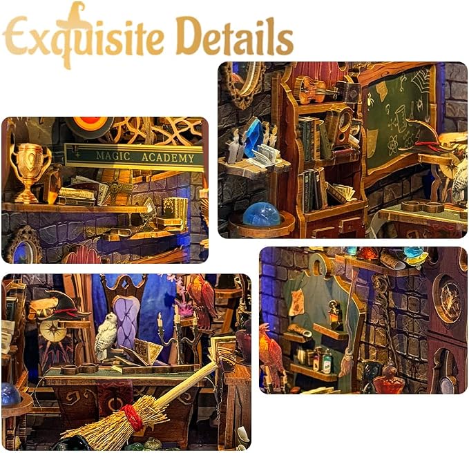 Book Nook Kit for Adults 3D Puzzle Miniature House Kit for Adults Craft Lovers Bookshelf Decor DIY Model Kit with LED Sensor Light-Magic Academy (SQ-38)