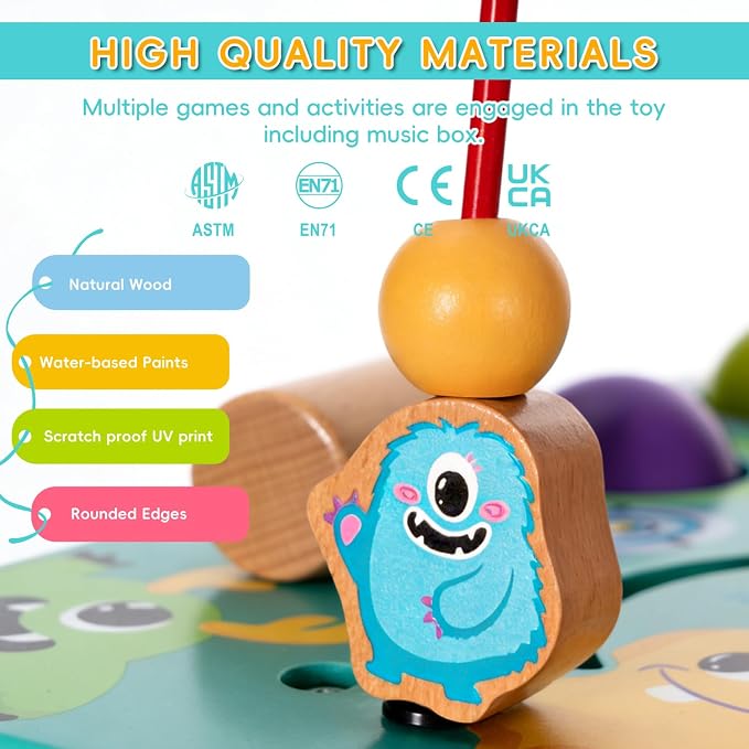 Pre-Assembled 9 in 1 Large Wooden Activity Cube. Educational Learning Toy for Kids with Bead Maze, Shape Sorter and Music Gears and More. for Toddlers 18 M+. Birthday Gifts for Boys and Girls