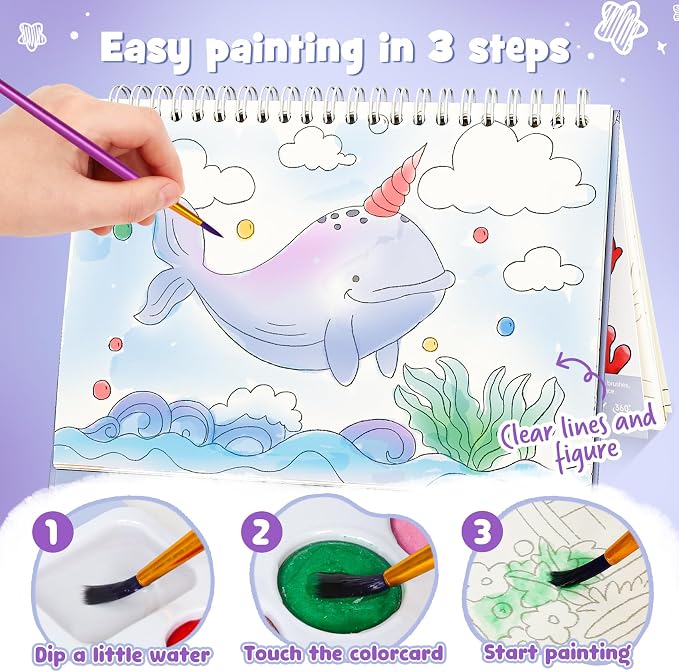 Watercolor Painting Coloring Books, Paint with Water Arts & Crafts Kit for Kids, Travel Activities Art Supplies Party Favors Exchange Birthday Gifts for Boys Girls, Spiral-Bound (Marine)