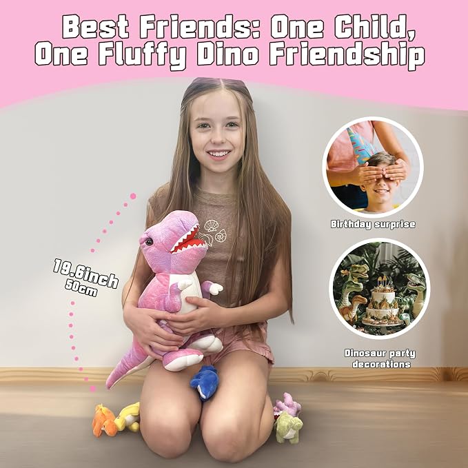 Muiteiur Pink Dinosaur Stuffed Animals, Soft 19.6 inch Dinosaur Stuffed with 5 Cute Babies T-Rex Zippered Belly, Dinosaur Gift Set for Kids Girl Boy