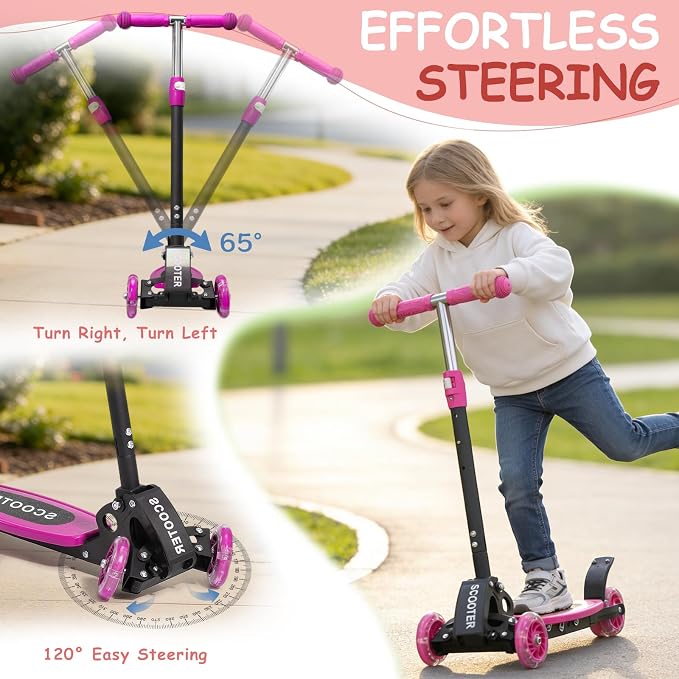Toddler Scooter, 3 Wheels for Kids 2-7 Year Old LED Lighted, Folding Lean-to-Steer Kids Scooter with 3 Adjustable Handlebar for Boys Girls, Blue