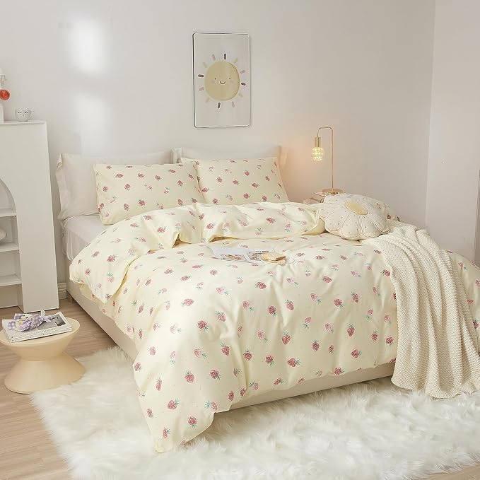 Cute Strawberry Comforter Set Full Size Girls Teens Kawaii Bedding Set Full Fruit Strawberry Comforter with 2 Pillowcases Fluffy Comfy All Seasons Bedding Full Size Comforter Set for Kids Boys Toddler